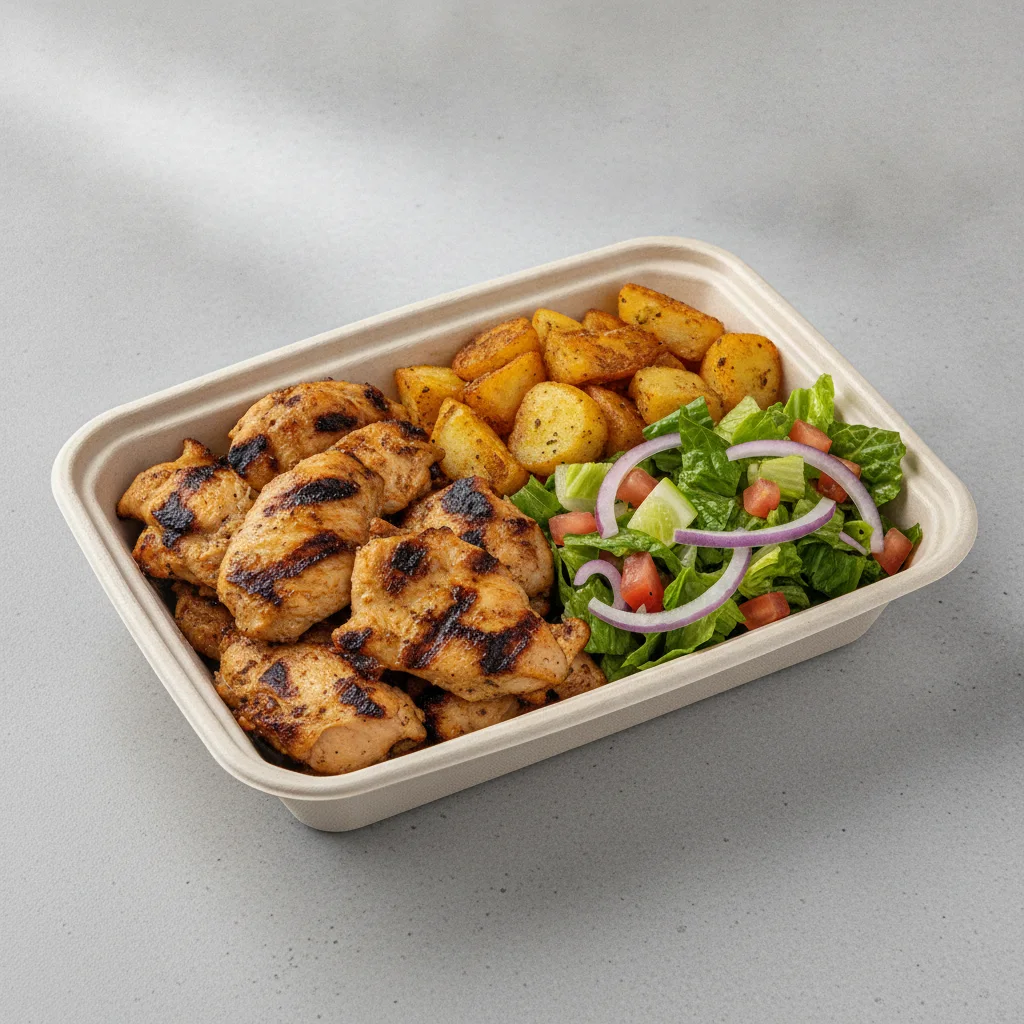 Asada Plate Box — Chicken with Home Fries / Mexican Salad Asada Plate Box — Chicken with Home Fries / Mexican Salad