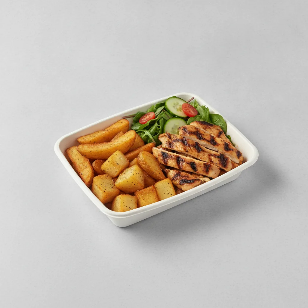 Asada Plate Box — Chicken with Home Fries / Green Salad Asada Plate Box — Chicken with Home Fries / Green Salad