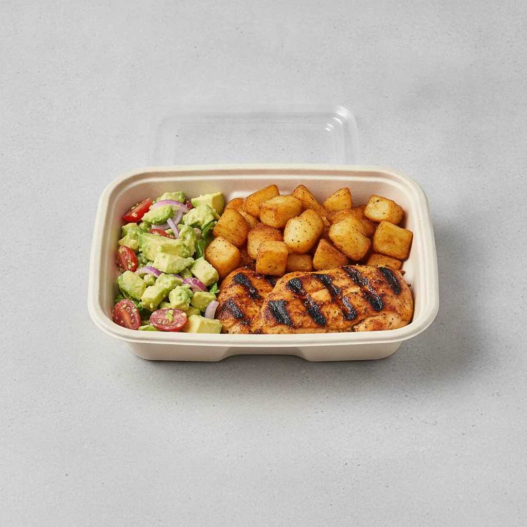 Asada Plate Box — Chicken with Home Fries / Avocado Salad Asada Plate Box — Chicken with Home Fries / Avocado Salad