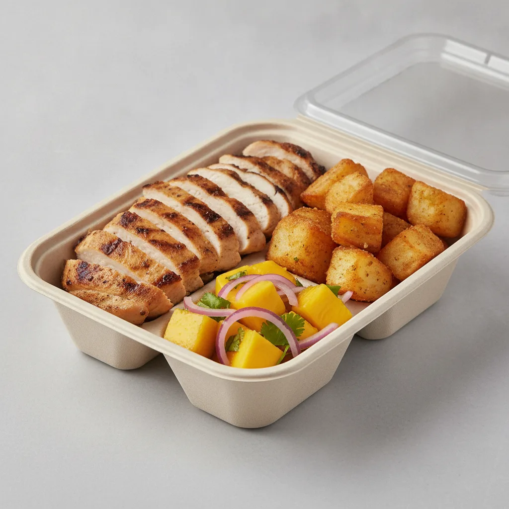 Asada Plate Box — Chicken with Home Fries / Mango Salad Asada Plate Box — Chicken with Home Fries / Mango Salad
