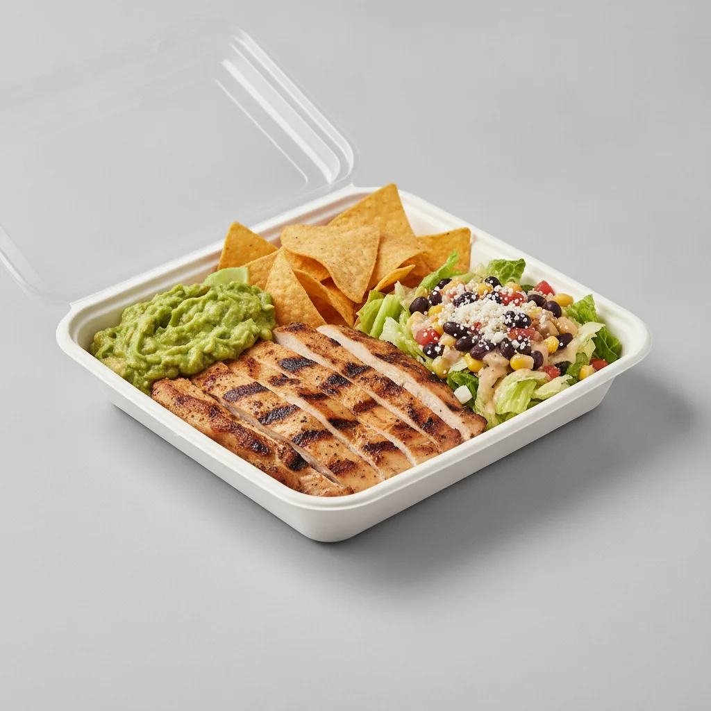 Asada Plate Box — Chicken with Guacamole and Chips / Mexican Salad Asada Plate Box — Chicken with Guacamole and Chips / Mexican Salad