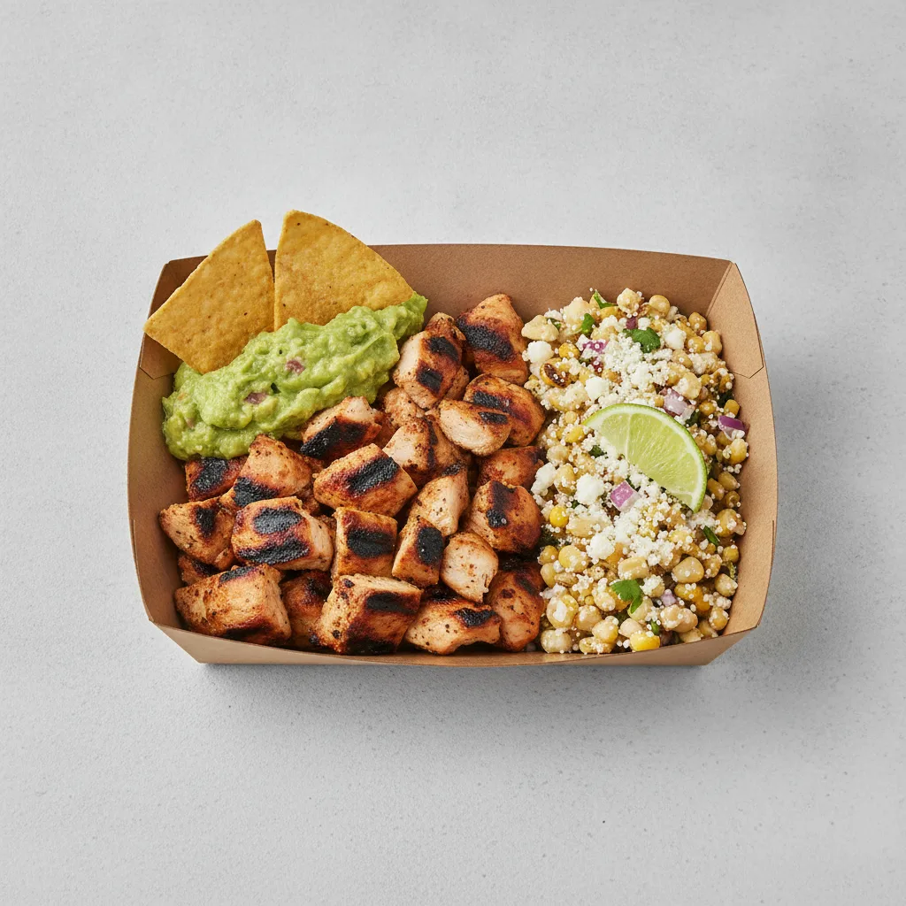 Asada Plate Box — Chicken with Guacamole and Chips / Street Corn Salad Asada Plate Box — Chicken with Guacamole and Chips / Street Corn Salad