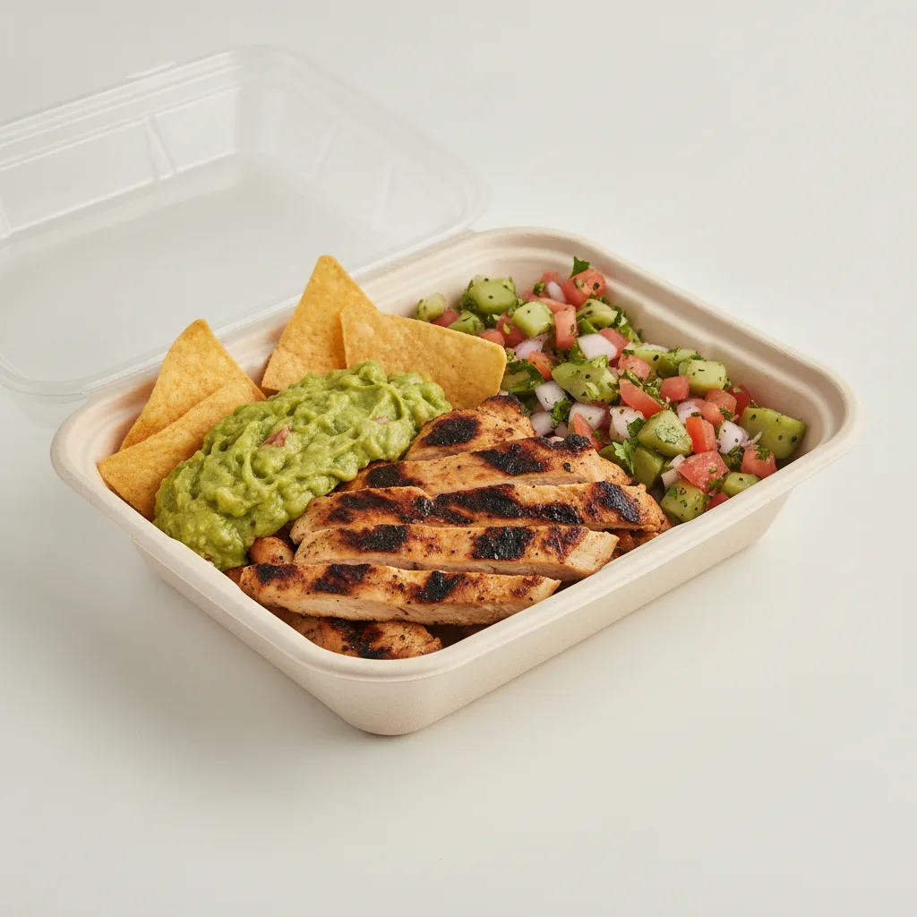 Asada Plate Box — Chicken with Guacamole and Chips / Nopalitos Salad Asada Plate Box — Chicken with Guacamole and Chips / Nopalitos Salad