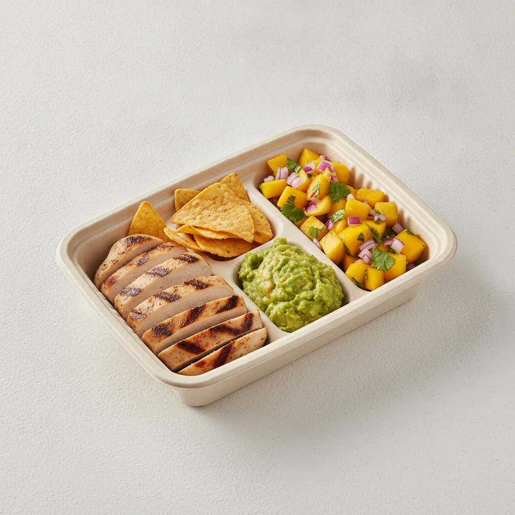 Asada Plate Box — Chicken with Guacamole and Chips / Mango Salad Asada Plate Box — Chicken with Guacamole and Chips / Mango Salad