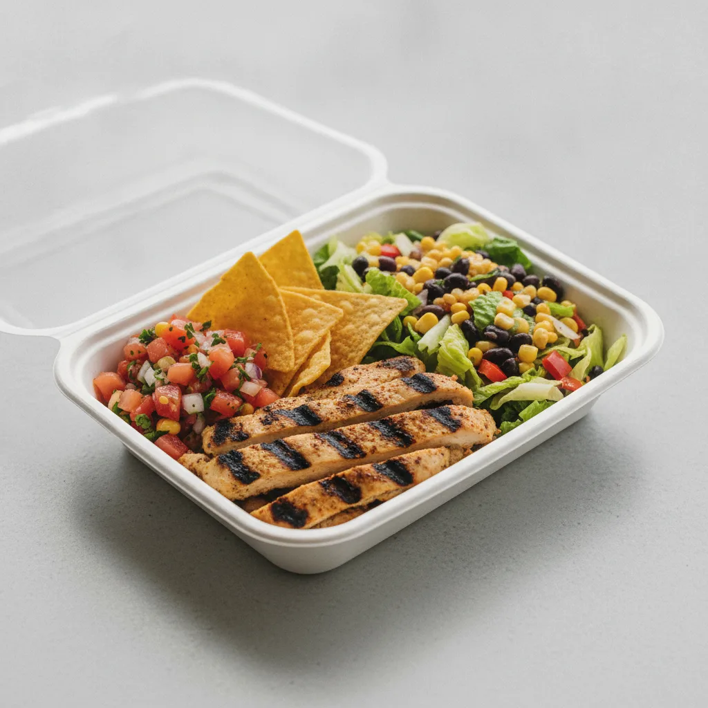 Asada Plate Box — Chicken with Pico and Chips / Mexican Salad Asada Plate Box — Chicken with Pico and Chips / Mexican Salad