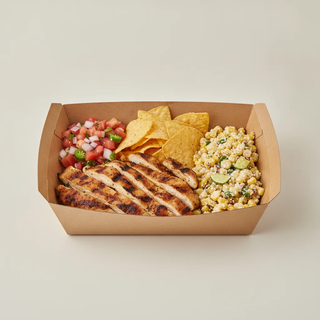 Asada Plate Box — Chicken with Pico and Chips / Street Corn Salad Asada Plate Box — Chicken with Pico and Chips / Street Corn Salad