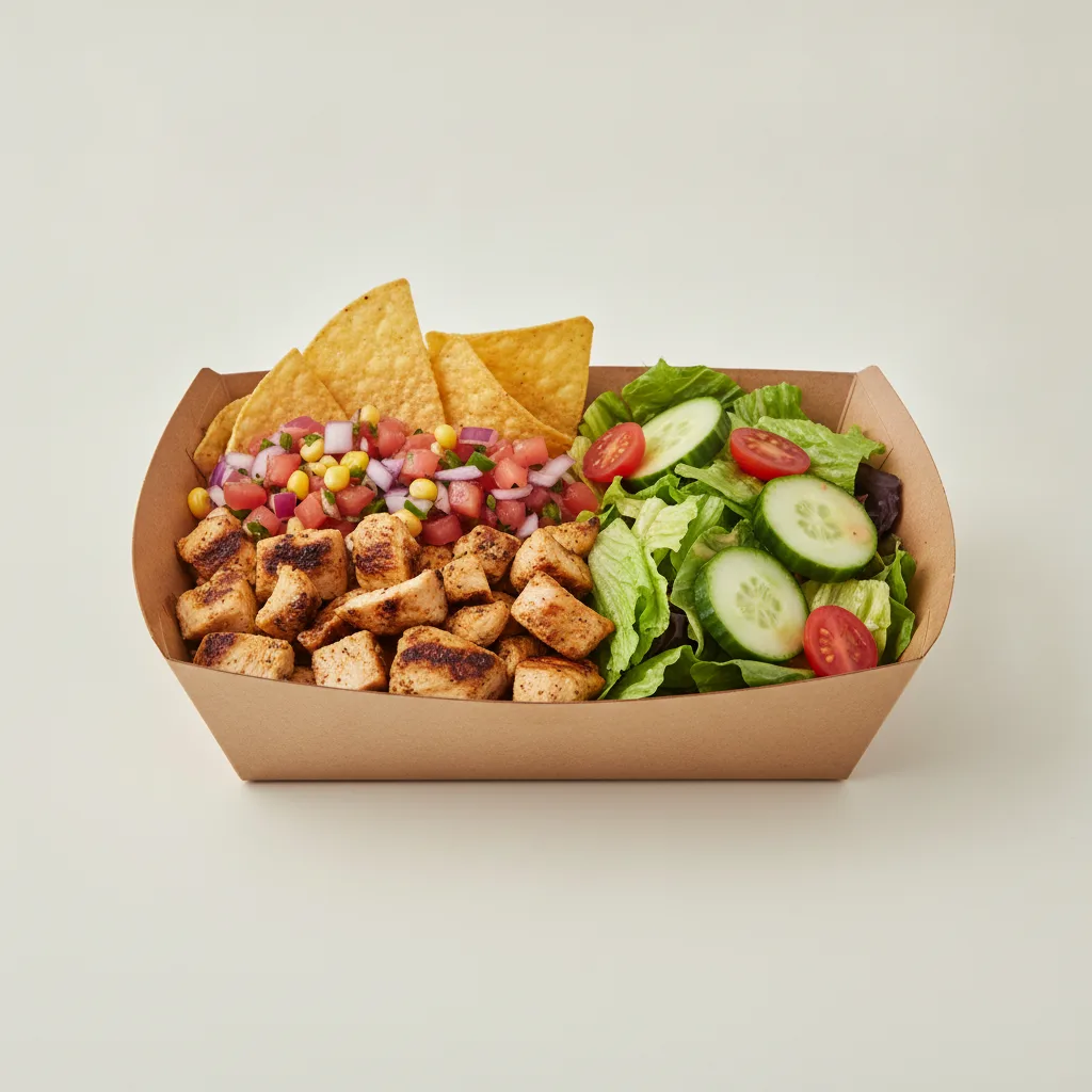 Asada Plate Box — Chicken with Pico and Chips / Green Salad Asada Plate Box — Chicken with Pico and Chips / Green Salad