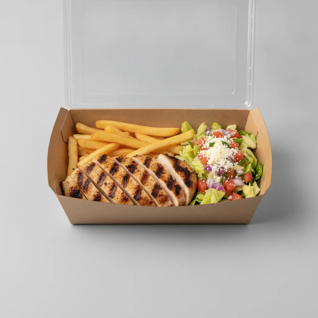Asada Plate Box — Chicken with French Fries / Mexican Salad Asada Plate Box — Chicken with French Fries / Mexican Salad