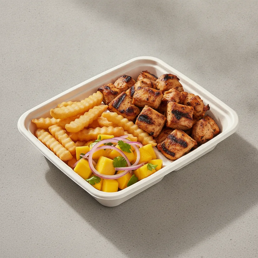 Asada Plate Box — Chicken with French Fries / Mango Salad Asada Plate Box — Chicken with French Fries / Mango Salad