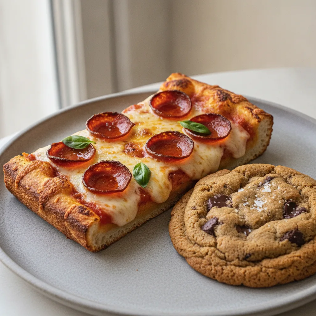 Classic Vodka Pepperoni Detroit Style Pizza Slice and Cookie Classic Vodka Pepperoni Detroit Style Pizza Slice and Cookie