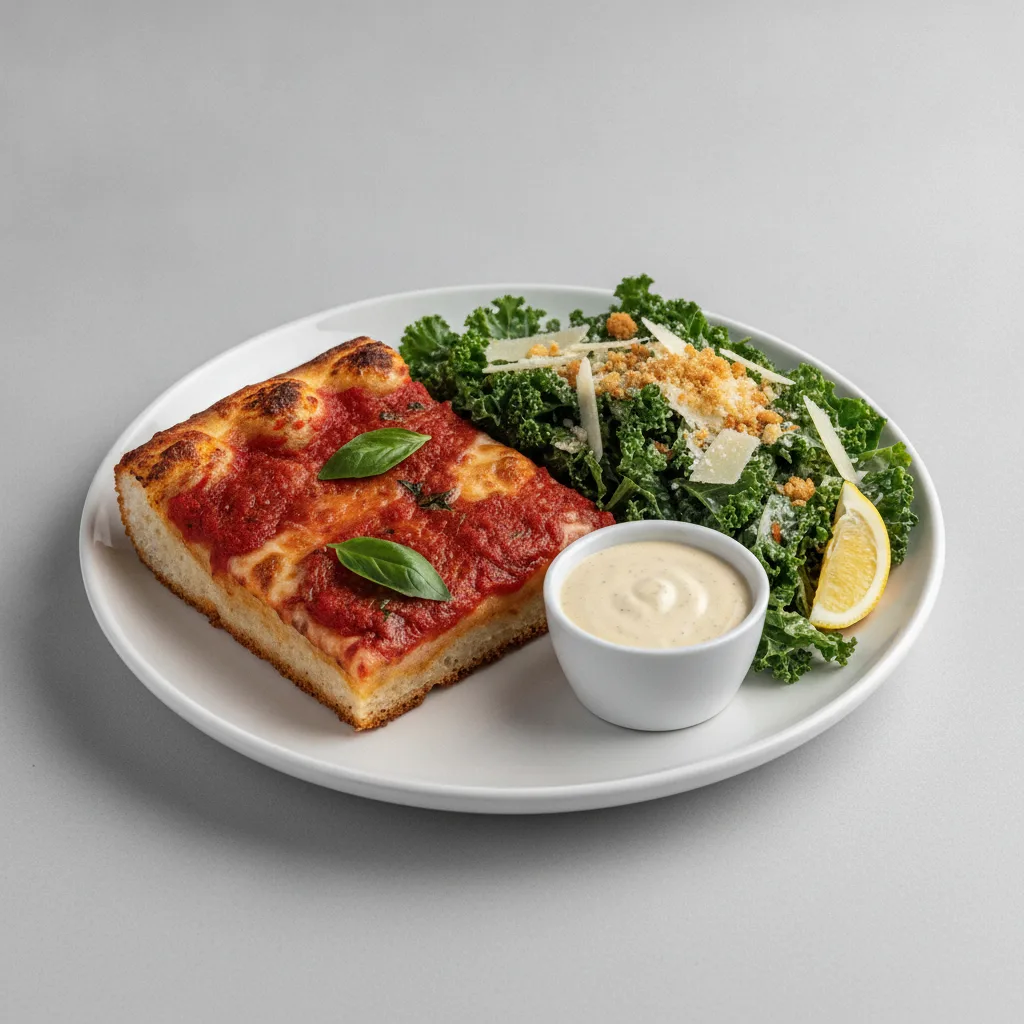 Classic Vegetarian Detroit Style Pizza Slice and Side Salad Classic Vegetarian Detroit Style Pizza Slice and Side Salad