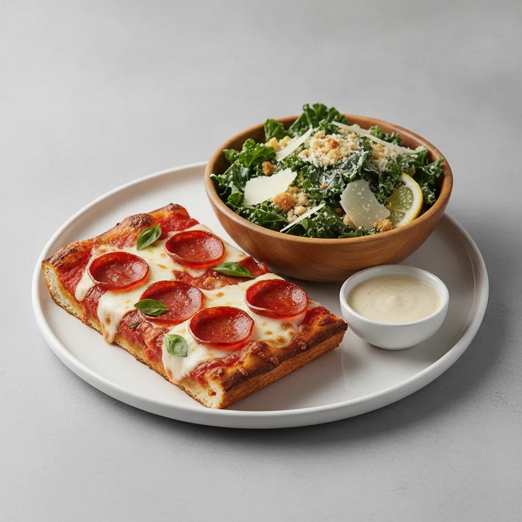 Classic Pepperoni Detroit Style Pizza Slice and Side Salad Classic Pepperoni Detroit Style Pizza Slice and Side Salad