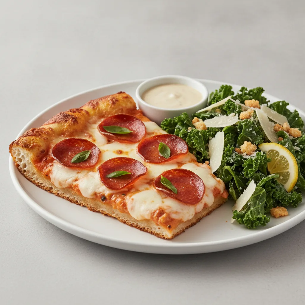 Classic Vodka Pepperoni Detroit Style Pizza Slice and Side Salad Classic Vodka Pepperoni Detroit Style Pizza Slice and Side Salad