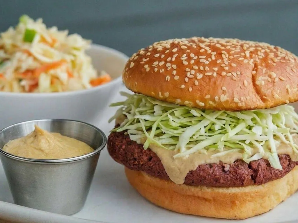 Vegan Impossible Burger with Cole Slaw and Hummus
