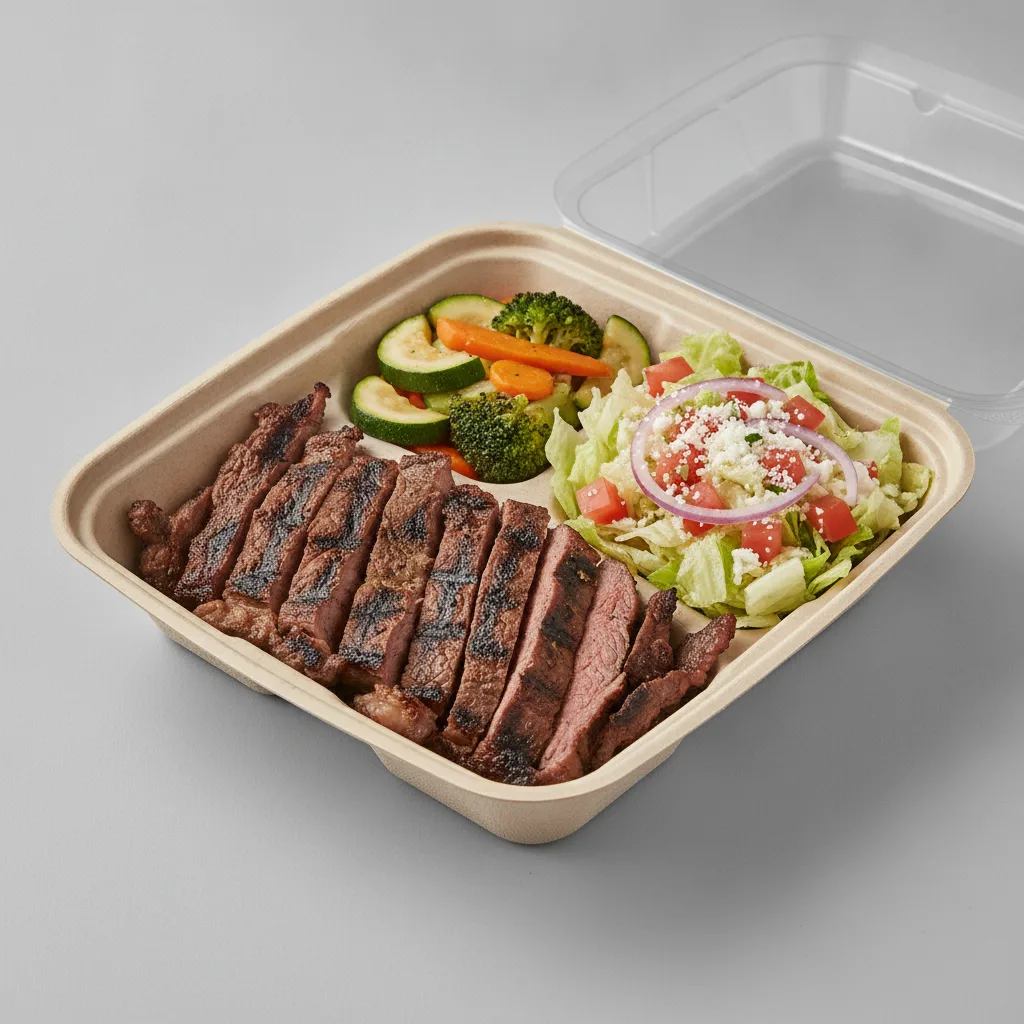 Asada Plate Box — Steak — Steamed Veggies / Mexican Salad Asada Plate Box — Steak — Steamed Veggies / Mexican Salad
