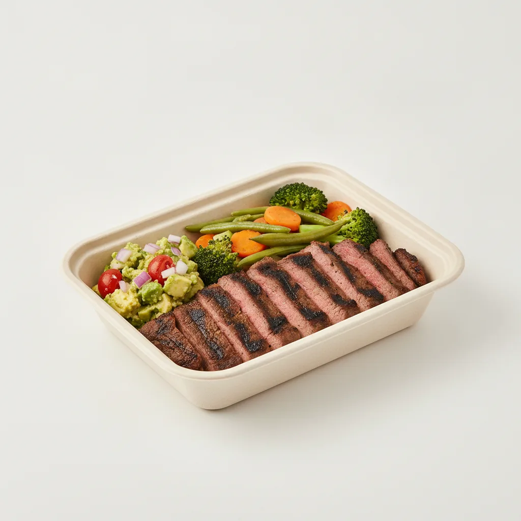 Asada Plate Box — Steak — Steamed Veggies / Avocado Salad Asada Plate Box — Steak — Steamed Veggies / Avocado Salad