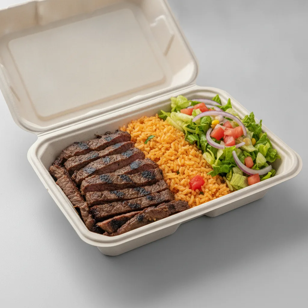 Asada Plate Box — Steak — Mexican Rice / Mexican Salad Asada Plate Box — Steak — Mexican Rice / Mexican Salad