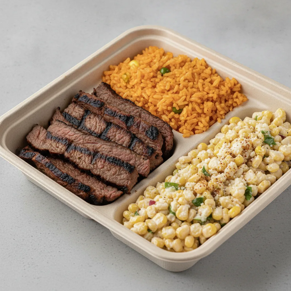 Asada Plate Box — Steak — Mexican Rice / Street Corn Salad Asada Plate Box — Steak — Mexican Rice / Street Corn Salad