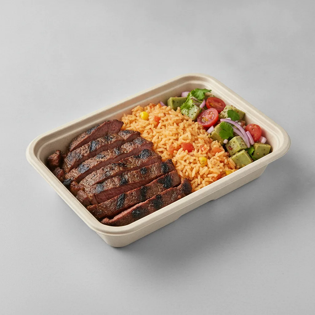 Asada Plate Box — Steak — Mexican Rice / Nopalitos Salad Asada Plate Box — Steak — Mexican Rice / Nopalitos Salad