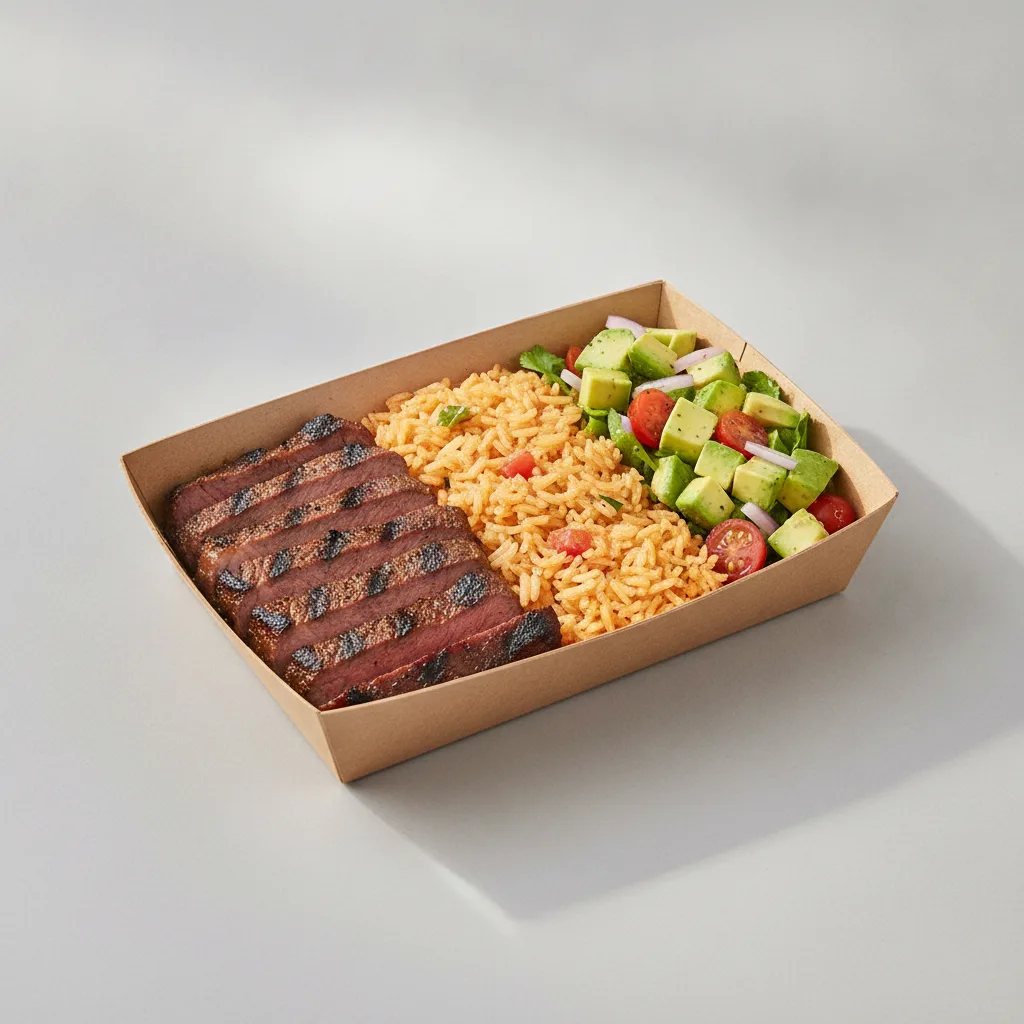 Asada Plate Box — Steak — Mexican Rice / Avocado Salad Asada Plate Box — Steak — Mexican Rice / Avocado Salad