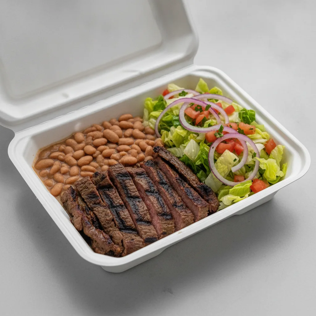Asada Plate Box — Steak — Pinto Beans / Mexican Salad Asada Plate Box — Steak — Pinto Beans / Mexican Salad