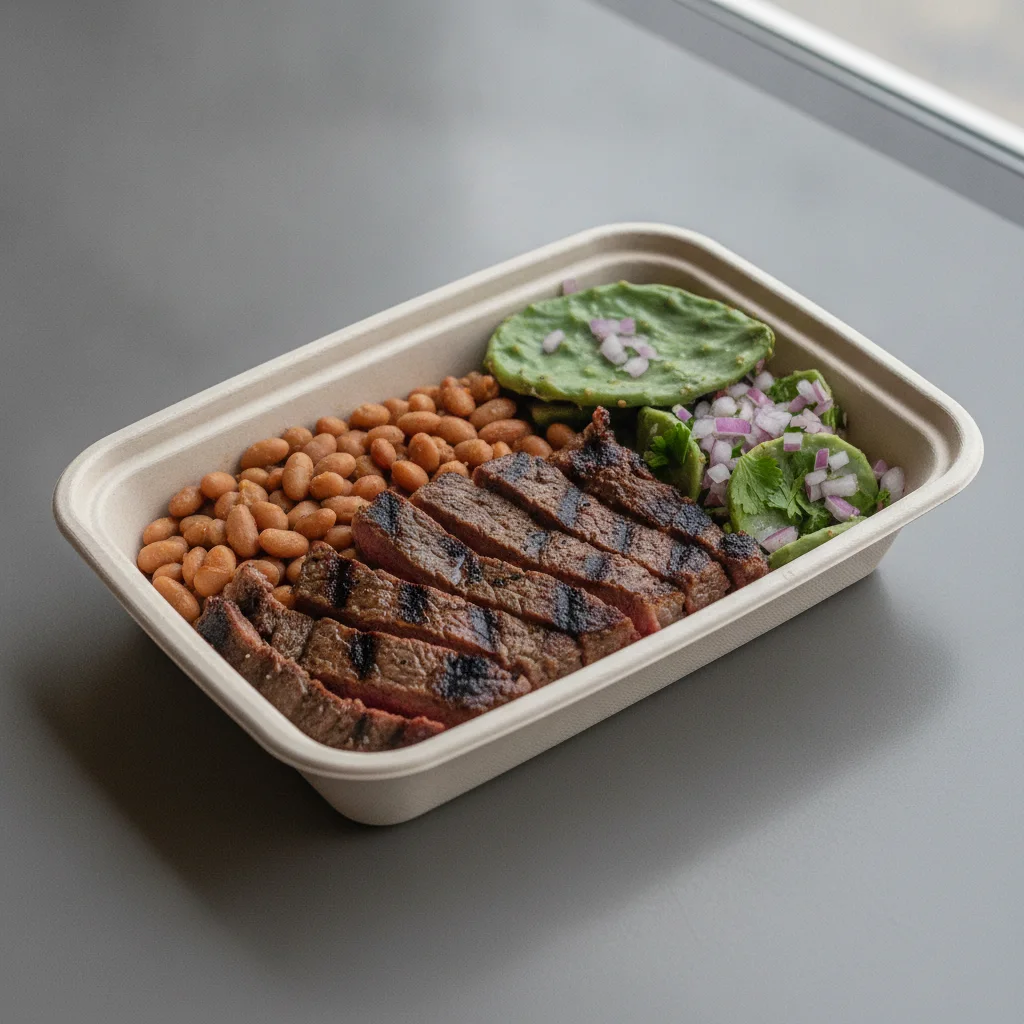 Asada Plate Box — Steak — Pinto Beans / Nopalitos Salad Asada Plate Box — Steak — Pinto Beans / Nopalitos Salad