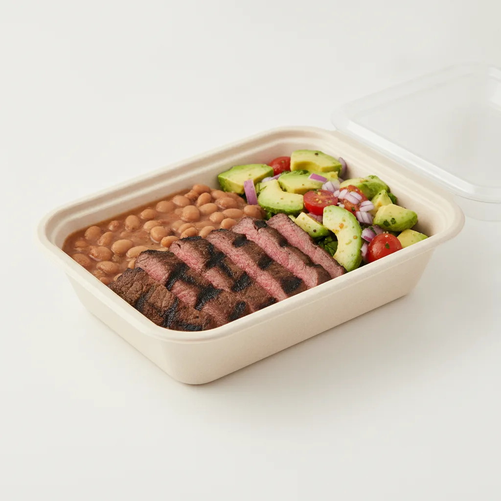 Asada Plate Box — Steak — Pinto Beans / Avocado Salad Asada Plate Box — Steak — Pinto Beans / Avocado Salad