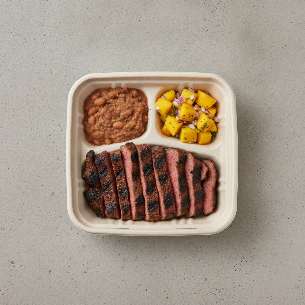 Asada Plate Box — Steak — Pinto Beans / Mango Salad Asada Plate Box — Steak — Pinto Beans / Mango Salad