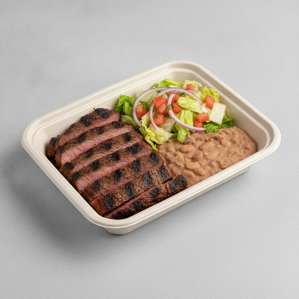 Asada Plate Box — Steak with Refried Beans / Mexican Salad Asada Plate Box — Steak with Refried Beans / Mexican Salad