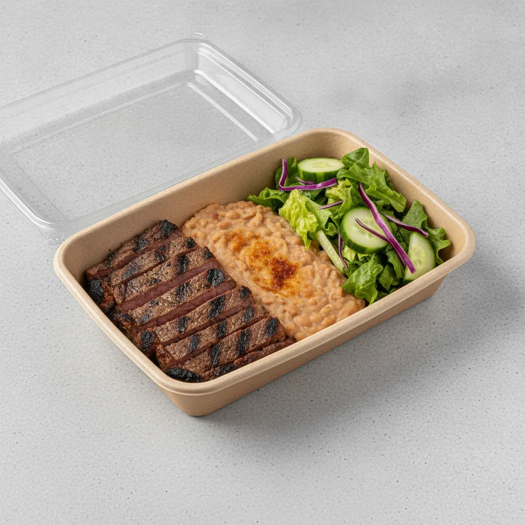 Asada Plate Box — Steak with Refried Beans / Green Salad Asada Plate Box — Steak with Refried Beans / Green Salad