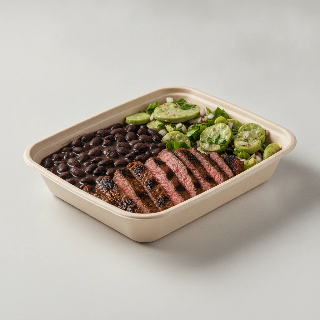 Asada Plate Box — Steak with Black Beans / Nopalitos Salad Asada Plate Box — Steak with Black Beans / Nopalitos Salad