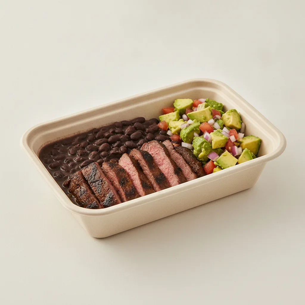 Asada Plate Box — Steak with Black Beans / Avocado Salad Asada Plate Box — Steak with Black Beans / Avocado Salad