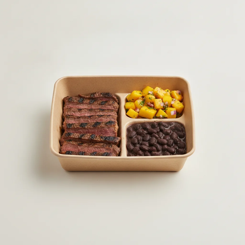 Asada Plate Box — Steak with Black Beans / Mango Salad Asada Plate Box — Steak with Black Beans / Mango Salad