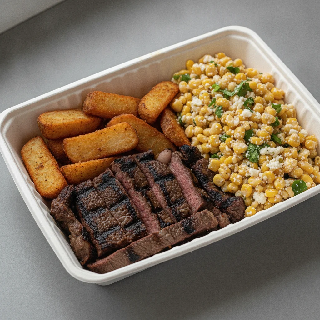 Asada Plate Box — Steak with Home Fries / Street Corn Salad Asada Plate Box — Steak with Home Fries / Street Corn Salad