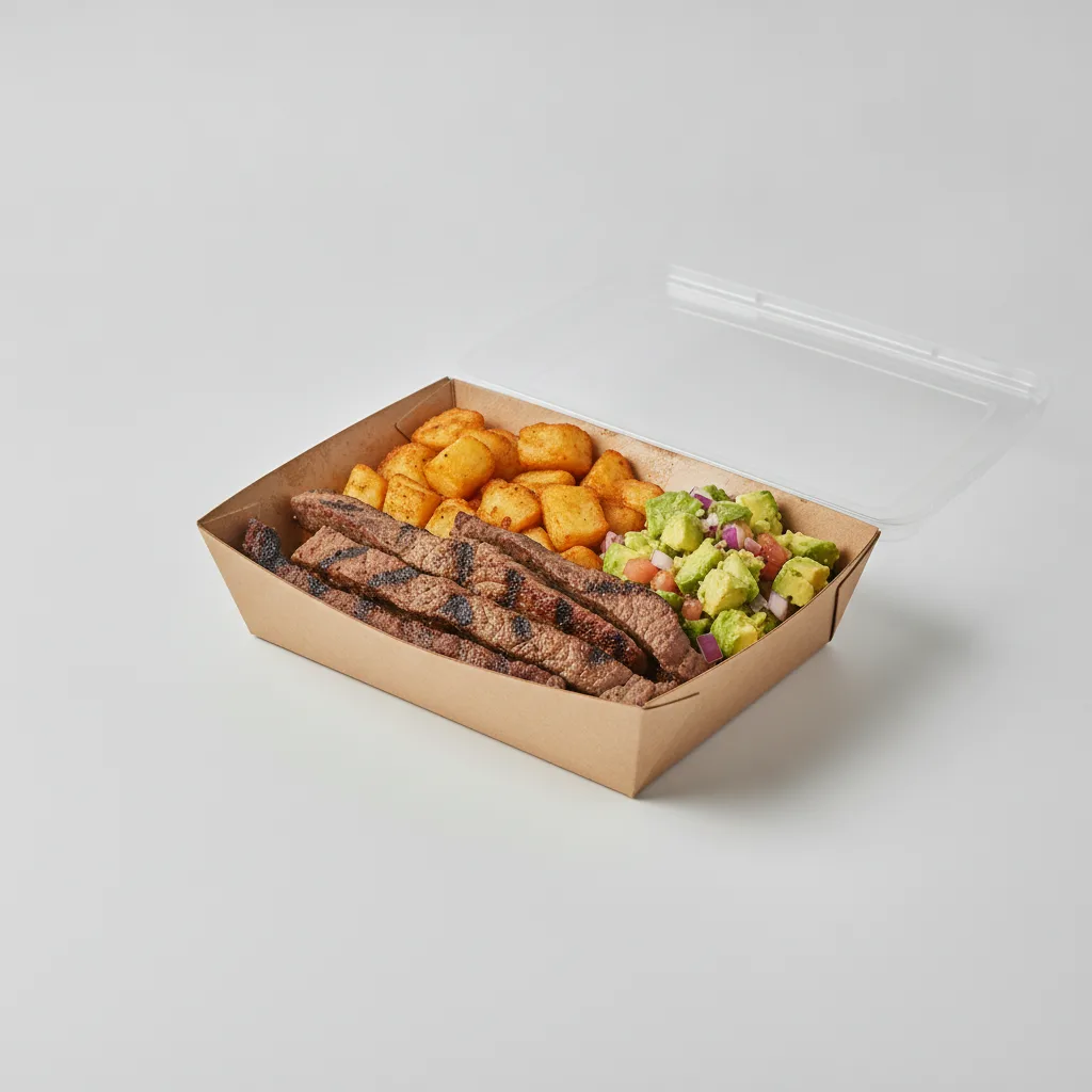 Asada Plate Box — Steak with Home Fries / Avocado Salad Asada Plate Box — Steak with Home Fries / Avocado Salad
