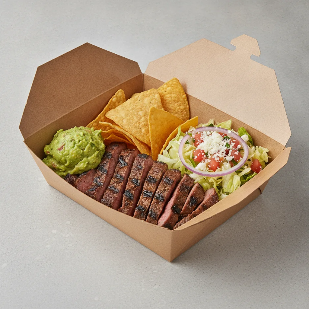 Asada Plate Box — Steak with Guacamole and Chips / Mexican Salad Asada Plate Box — Steak with Guacamole and Chips / Mexican Salad