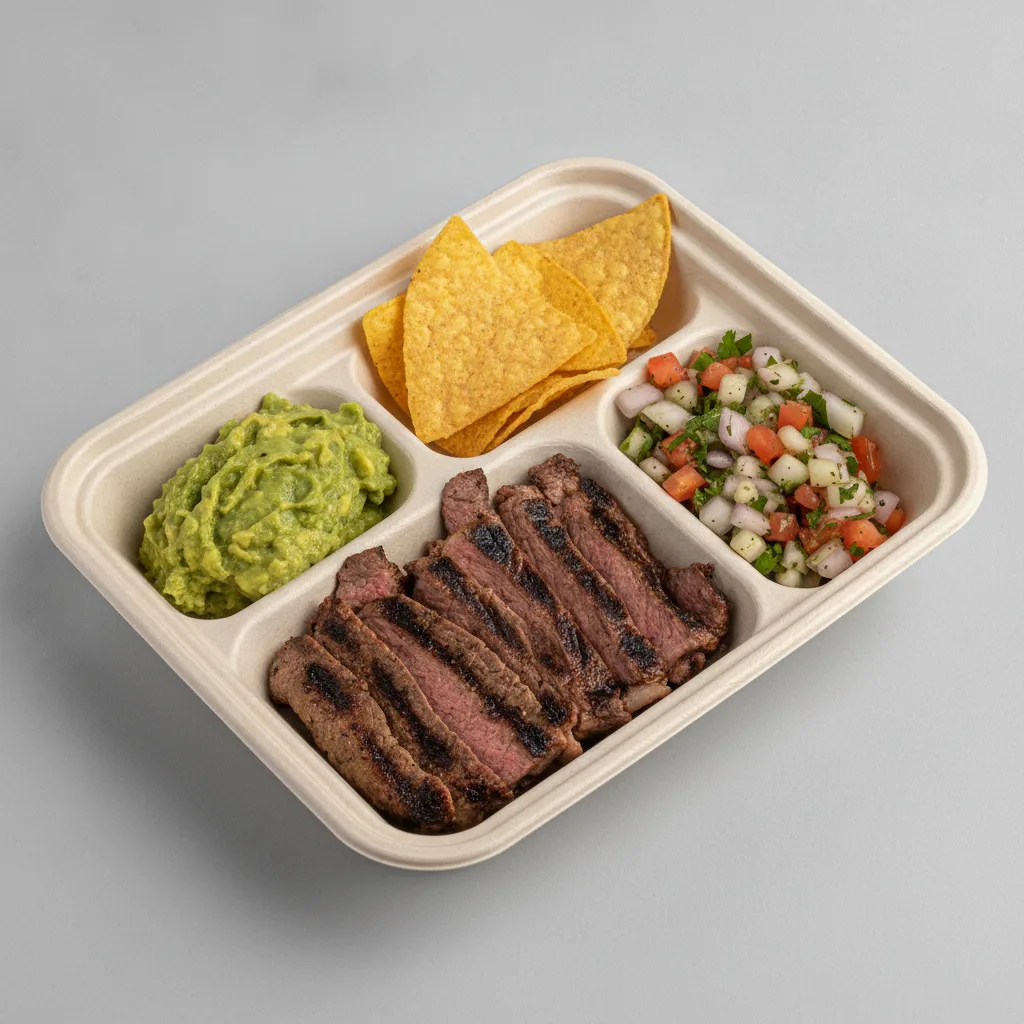 Asada Plate Box — Steak with Guacamole and Chips / Nopalitos Salad Asada Plate Box — Steak with Guacamole and Chips / Nopalitos Salad