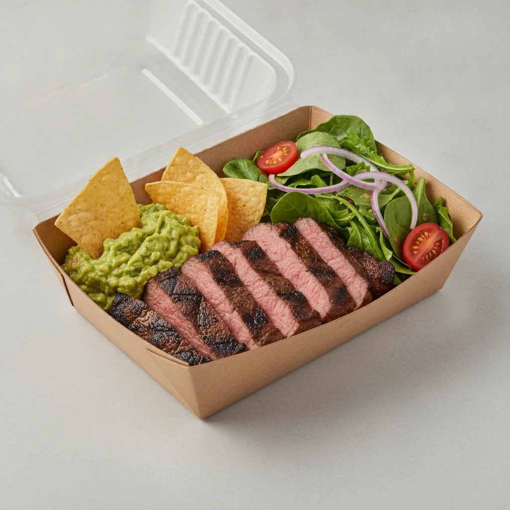Asada Plate Box — Steak with Guacamole and Chips / Green Salad Asada Plate Box — Steak with Guacamole and Chips / Green Salad