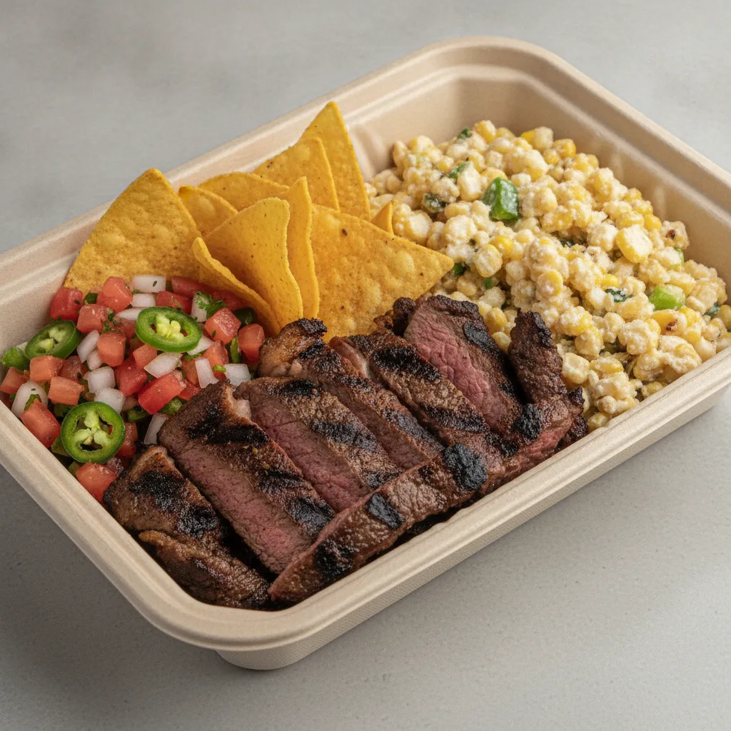 Asada Plate Box — Steak with Pico and Chips / Street Corn Salad Asada Plate Box — Steak with Pico and Chips / Street Corn Salad