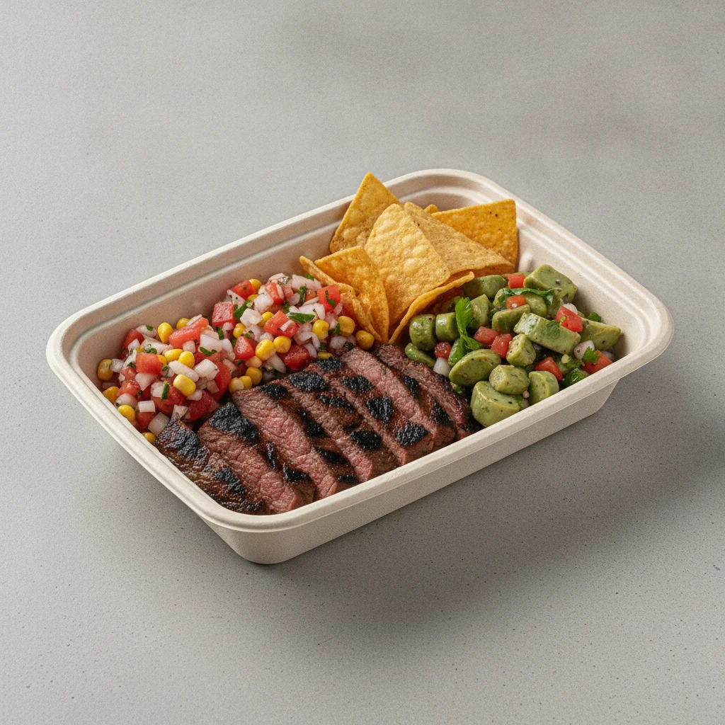 Asada Plate Box — Steak with Pico and Chips / Nopalitos Salad Asada Plate Box — Steak with Pico and Chips / Nopalitos Salad