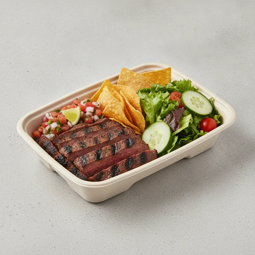 Asada Plate Box — Steak with Pico and Chips / Green Salad Asada Plate Box — Steak with Pico and Chips / Green Salad