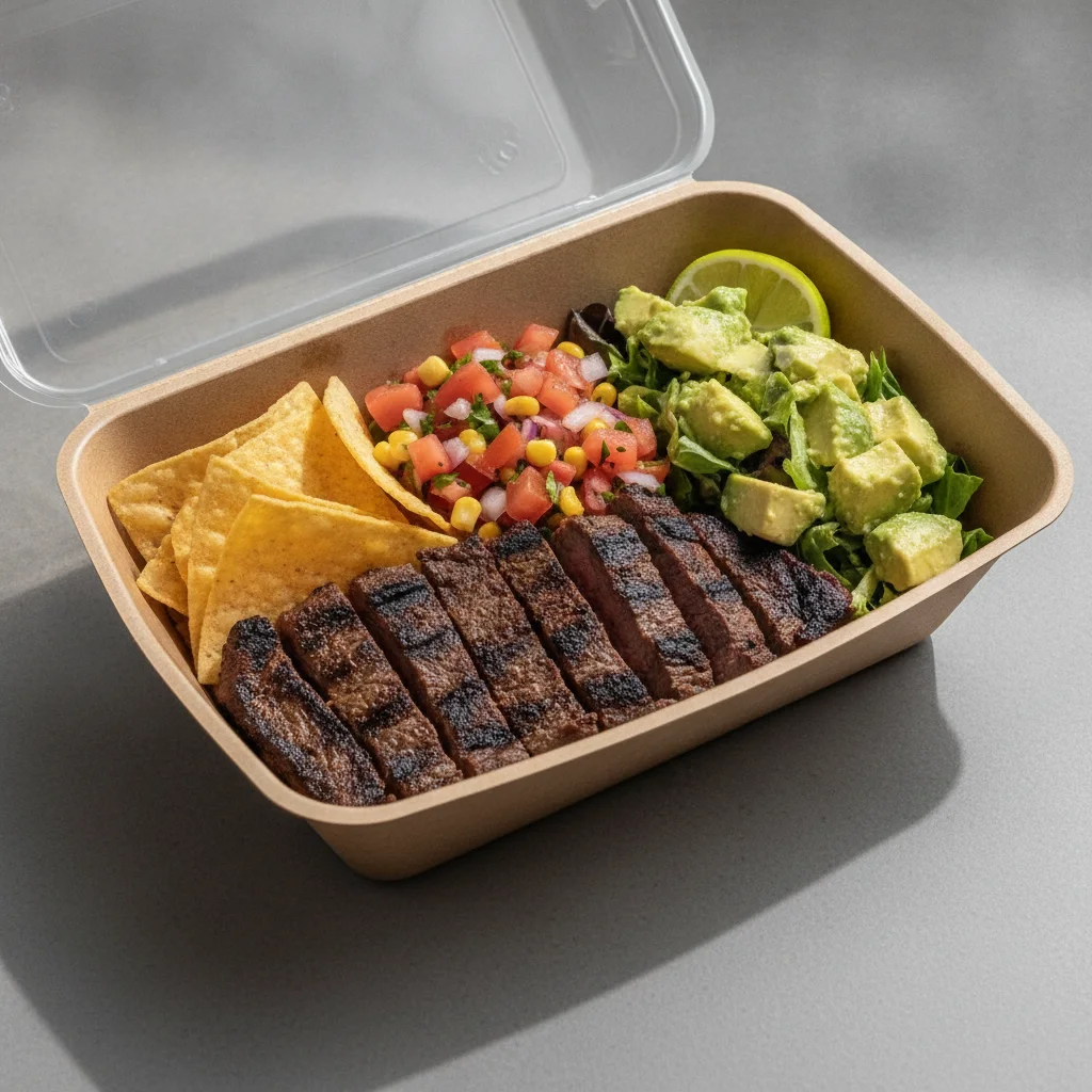 Asada Plate Box — Steak with Pico and Chips / Avocado Salad Asada Plate Box — Steak with Pico and Chips / Avocado Salad