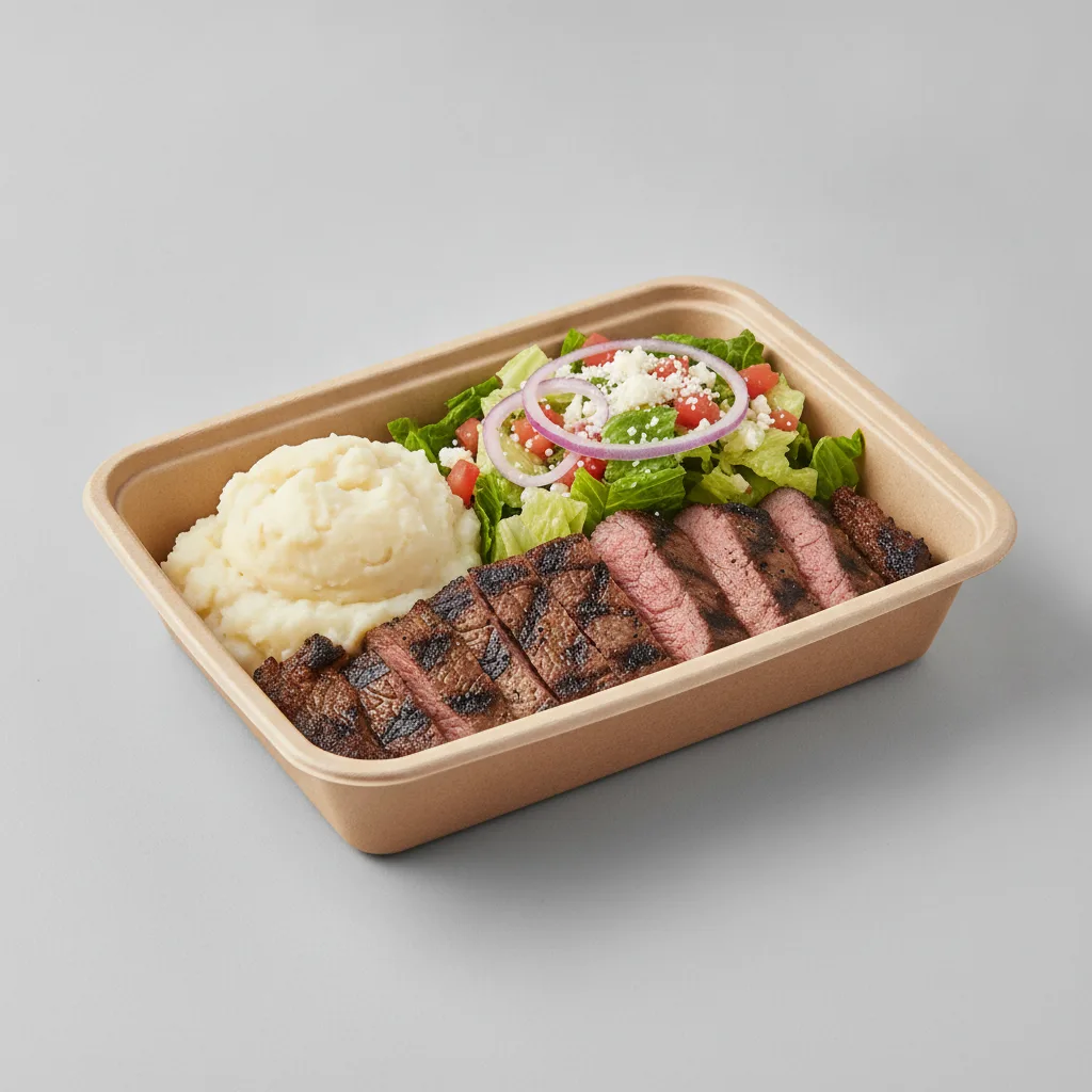 Asada Plate Box — Steak with Mashed Potato / Mexican Salad Asada Plate Box — Steak with Mashed Potato / Mexican Salad
