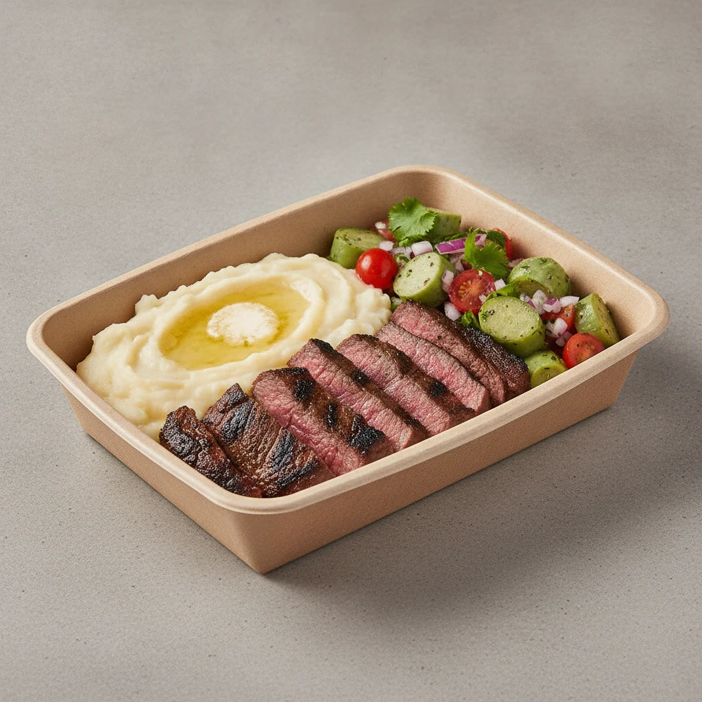 Asada Plate Box — Steak with Mashed Potato / Nopalitos Salad Asada Plate Box — Steak with Mashed Potato / Nopalitos Salad