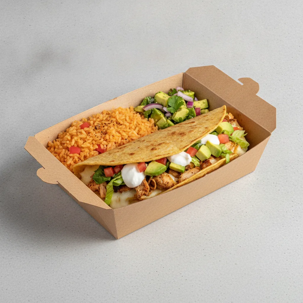 Quesadilla Box — Chicken — Mexican Rice / Avocado Salad Quesadilla Box — Chicken — Mexican Rice / Avocado Salad