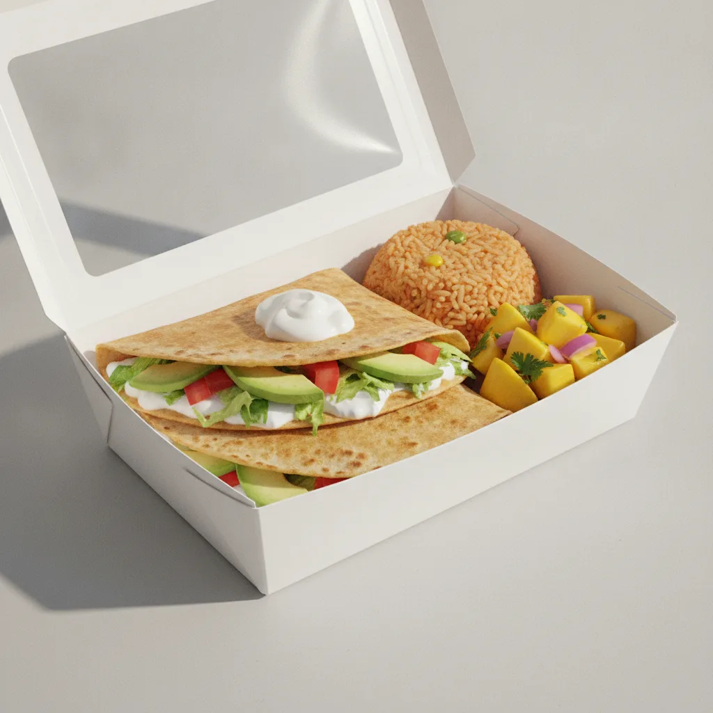 Quesadilla Box — Chicken — Mexican Rice / Mango Salad Quesadilla Box — Chicken — Mexican Rice / Mango Salad