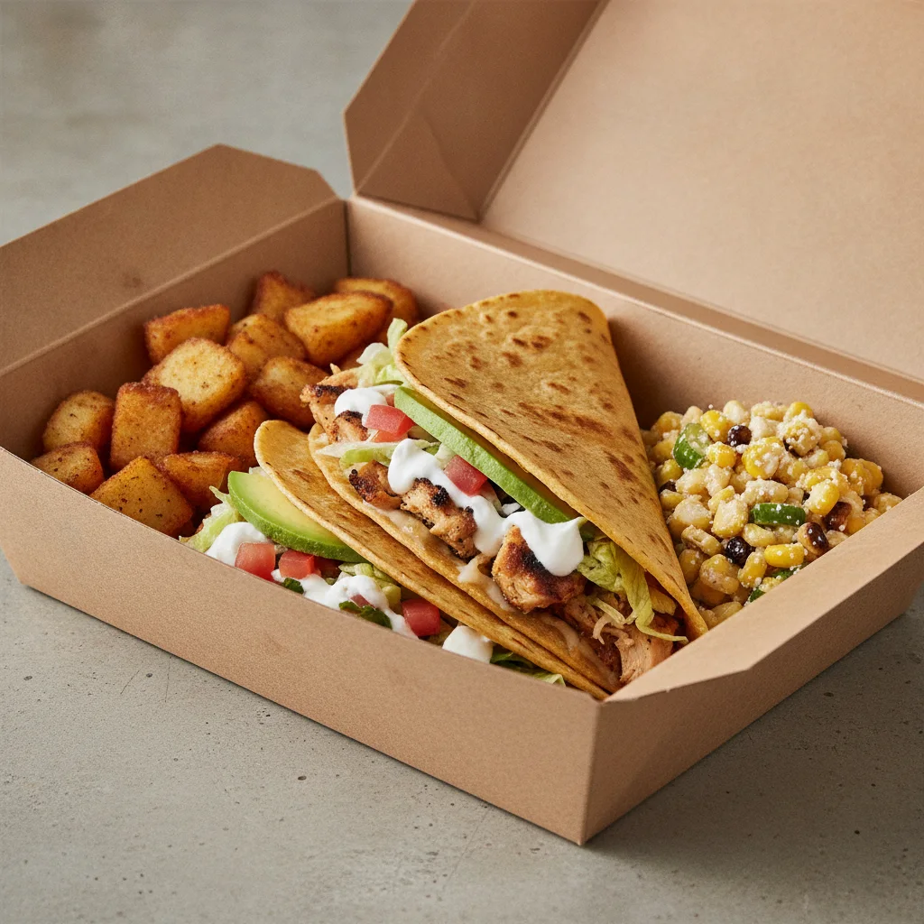 Quesadilla Box — Chicken with Home Fries / Street Corn Salad Quesadilla Box — Chicken with Home Fries / Street Corn Salad