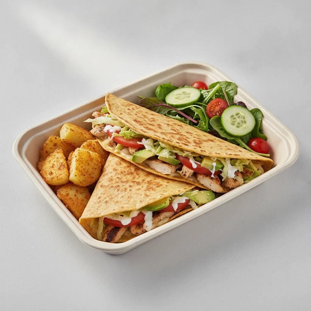 Quesadilla Box — Chicken with Home Fries / Green Salad Quesadilla Box — Chicken with Home Fries / Green Salad