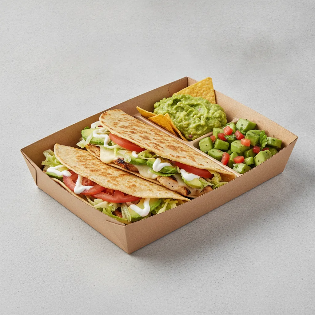 Quesadilla Box — Chicken with Guacamole and Chips / Nopalitos Salad Quesadilla Box — Chicken with Guacamole and Chips / Nopalitos Salad