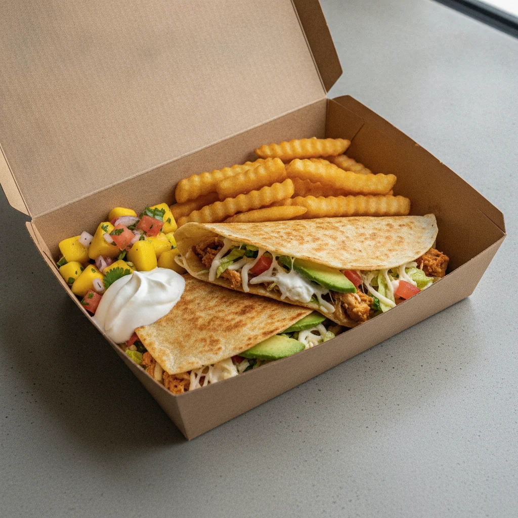 Quesadilla Box — Chicken with French Fries / Mango Salad Quesadilla Box — Chicken with French Fries / Mango Salad
